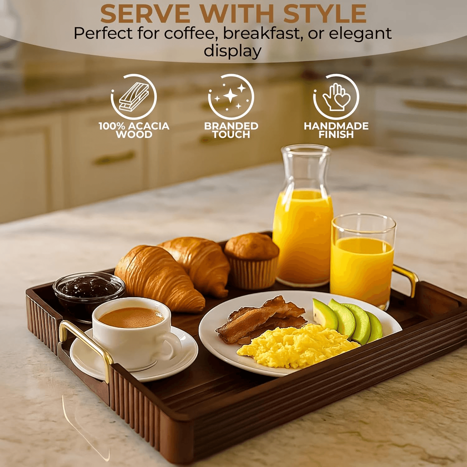 Wood Serving Tray with Metal Handles YSY-VT-019